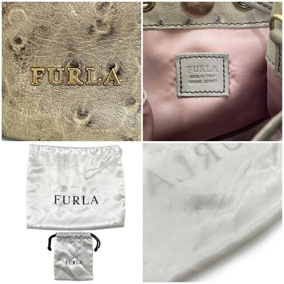 Furla Drawstring Shoulder Bag Gray Beige Leather FURLA 2way Pouch Clutch Grei... - Picture 9 of 10
